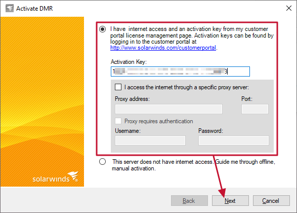SolarWinds License Manager Enter Database Mapper license Activation Key