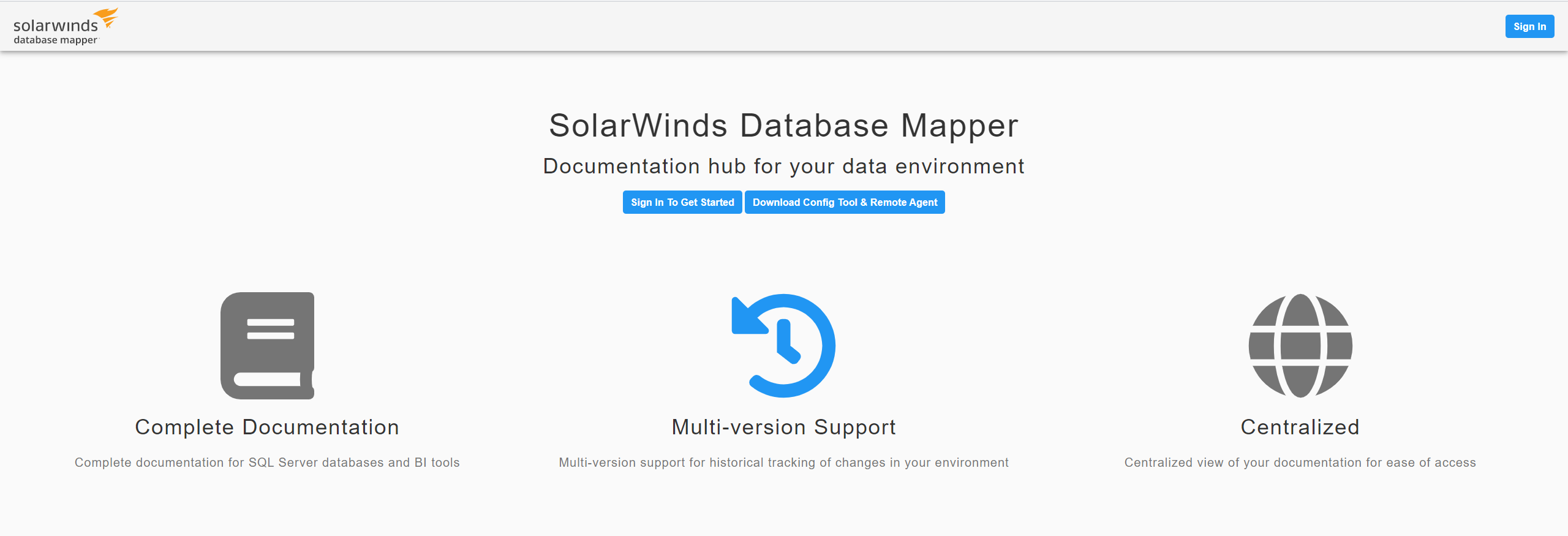 Database Mapper Web Portal Sign in to get Started Version 2022.2 Document web browser homepage highlighting the Sign in To Get Started button.