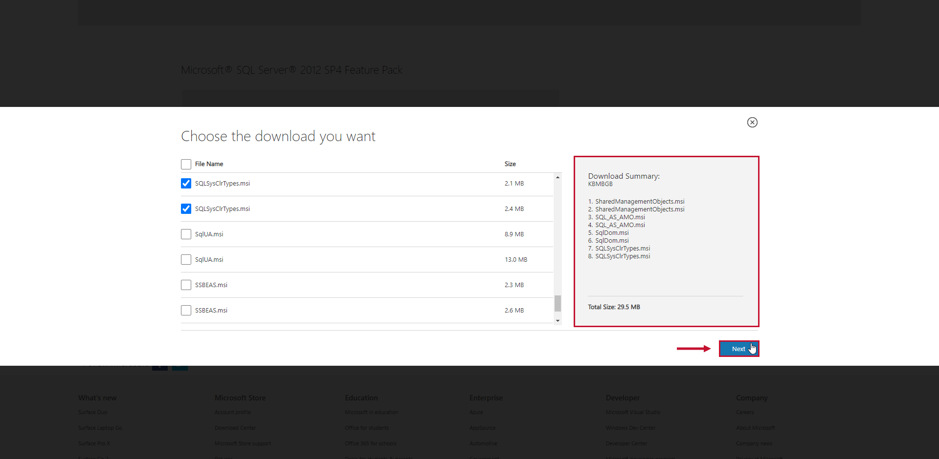 SQL Server 2012 SP4 Feature Pack select the download files and then select Next.