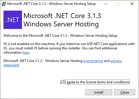 MS .NET Core 3.1.3 Windows Server Hosting EULA prompting you to accept terms and install.