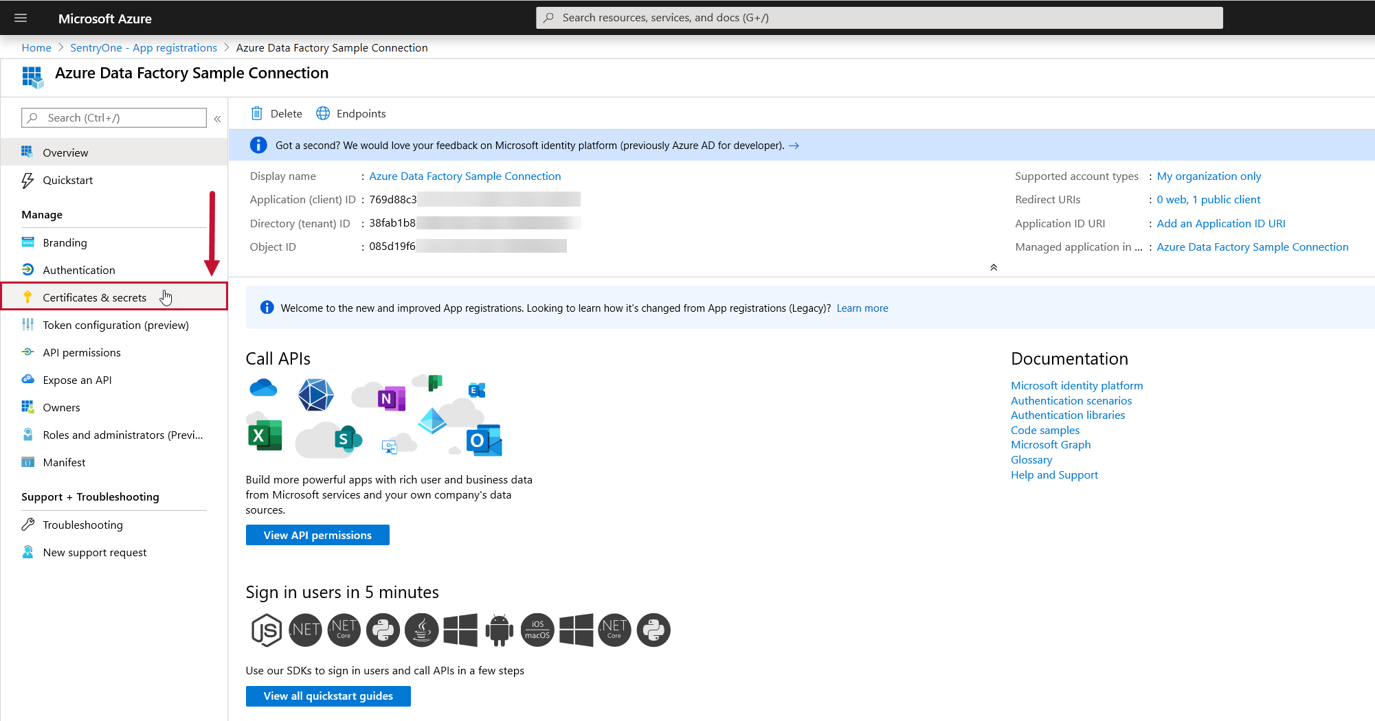Azure App Overview select Certificates & secrets Azure App Overview select Certificates & secrets