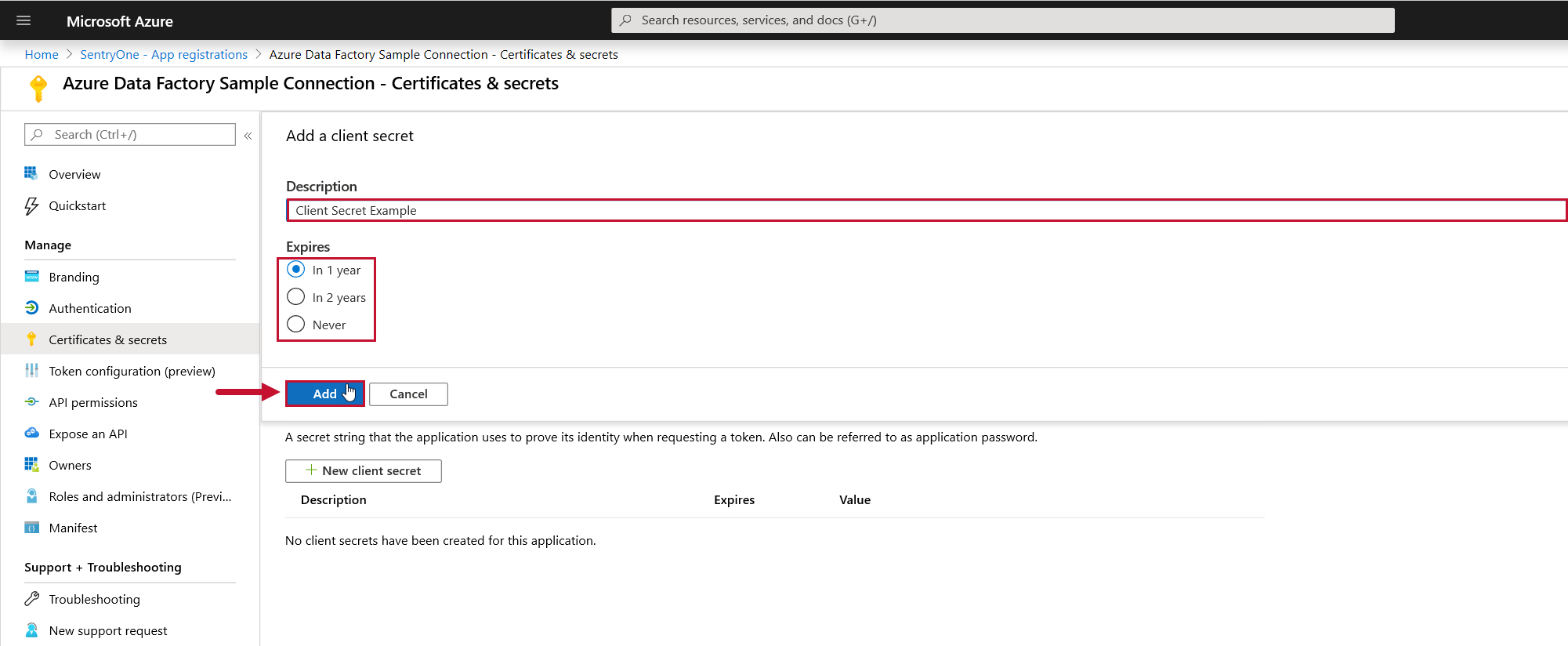 Azure Certificates & secrets Add secret Azure Certificates & secrets Add secret