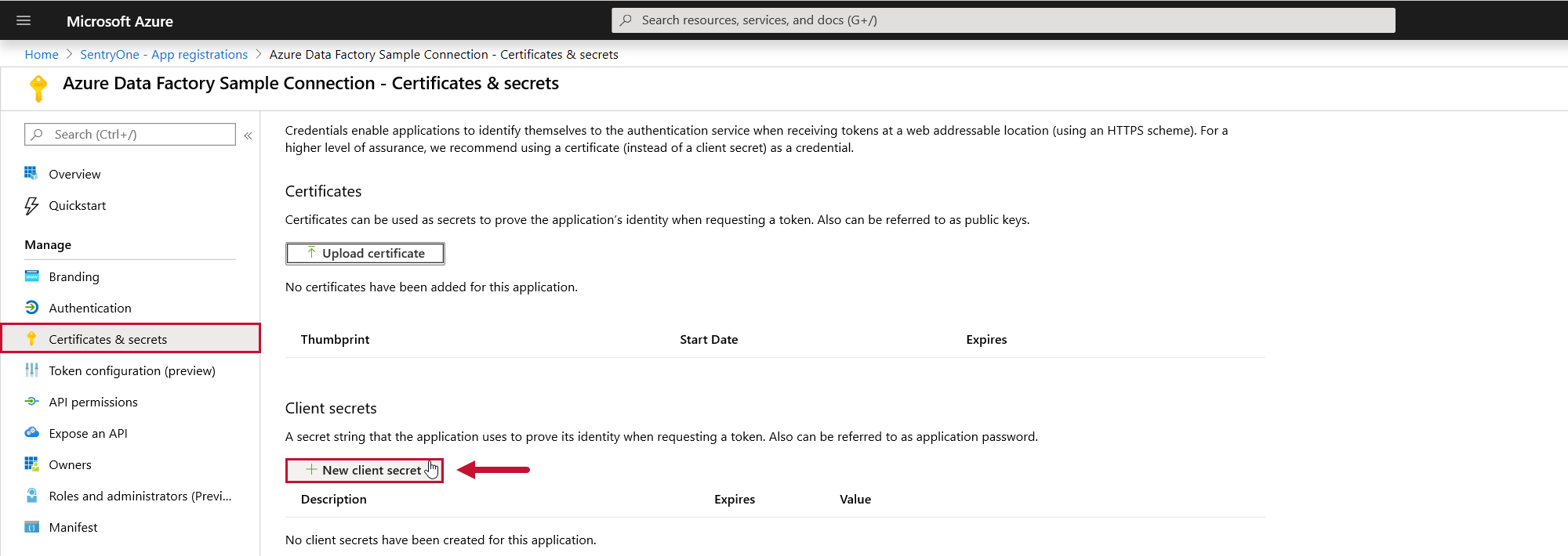 Azure Certificates & secrets New Client secret Azure Certificates & secrets New client secret