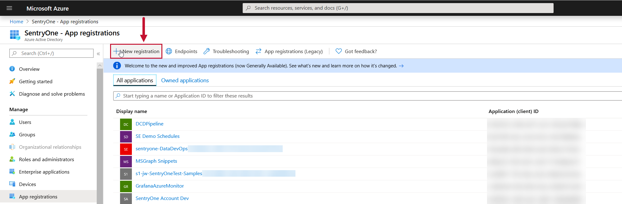Azure App Registrations select New registration Azure App Registrations select New registration