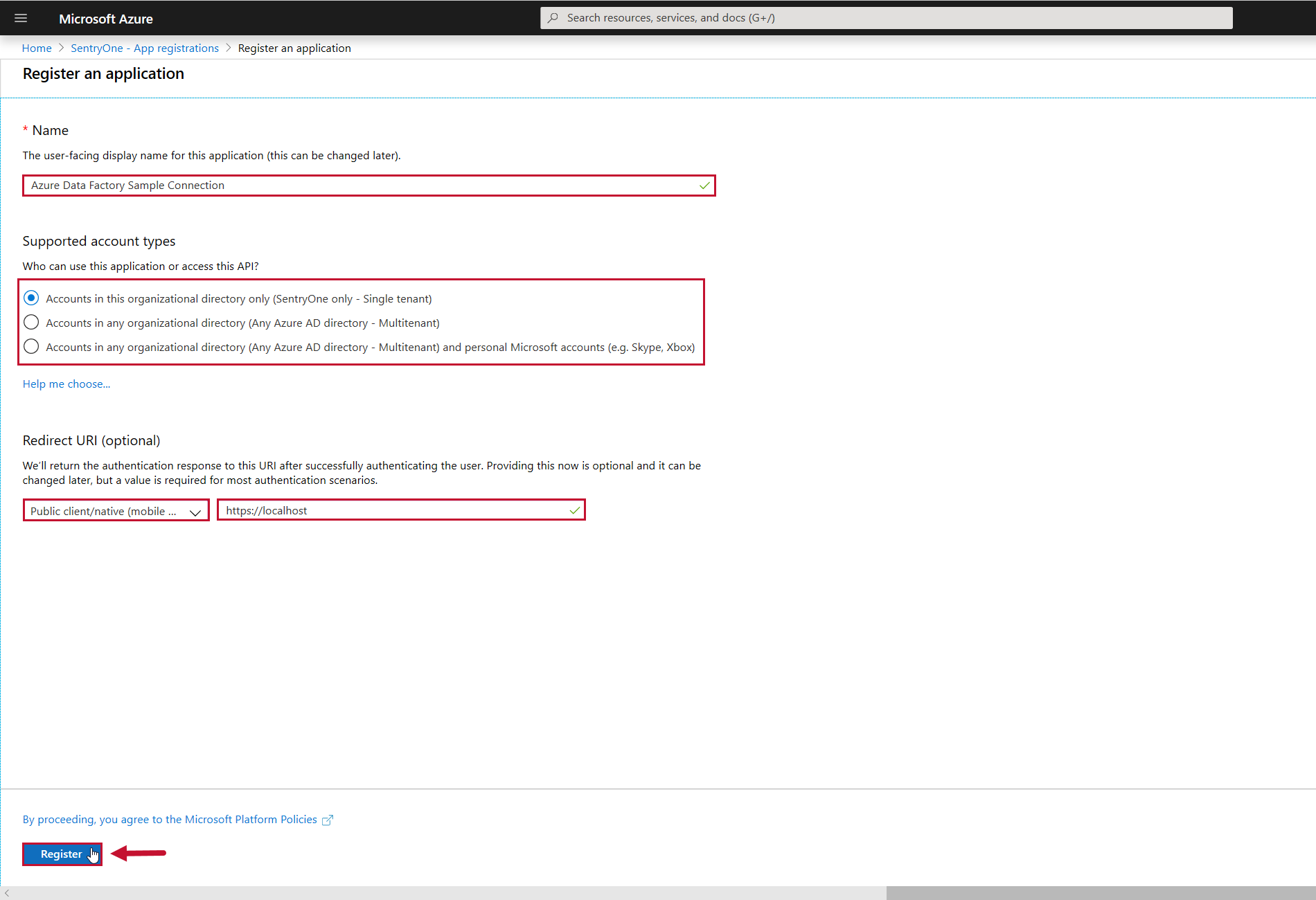 Azure Register an application Azure Register an application form