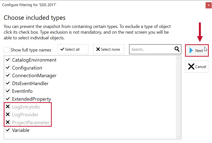 Database Mapper Configure Filtering window Choose included types