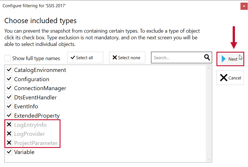 Database Mapper Configure Filtering window Choose included types Version 2022.2 Database Mapper Configure Filtering window Choose included types