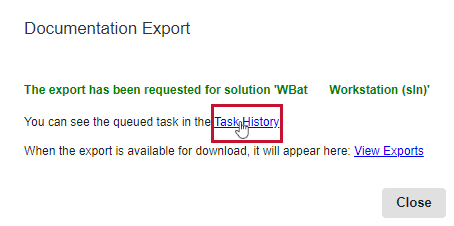 Database Mapper Documentation Export window select Task History
