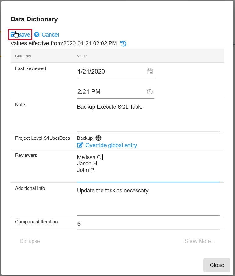 Database Mapper Lineage Data Dictionary window select Save Version 2021.18 Database Mapper Lineage Data Dictionary window select Save
