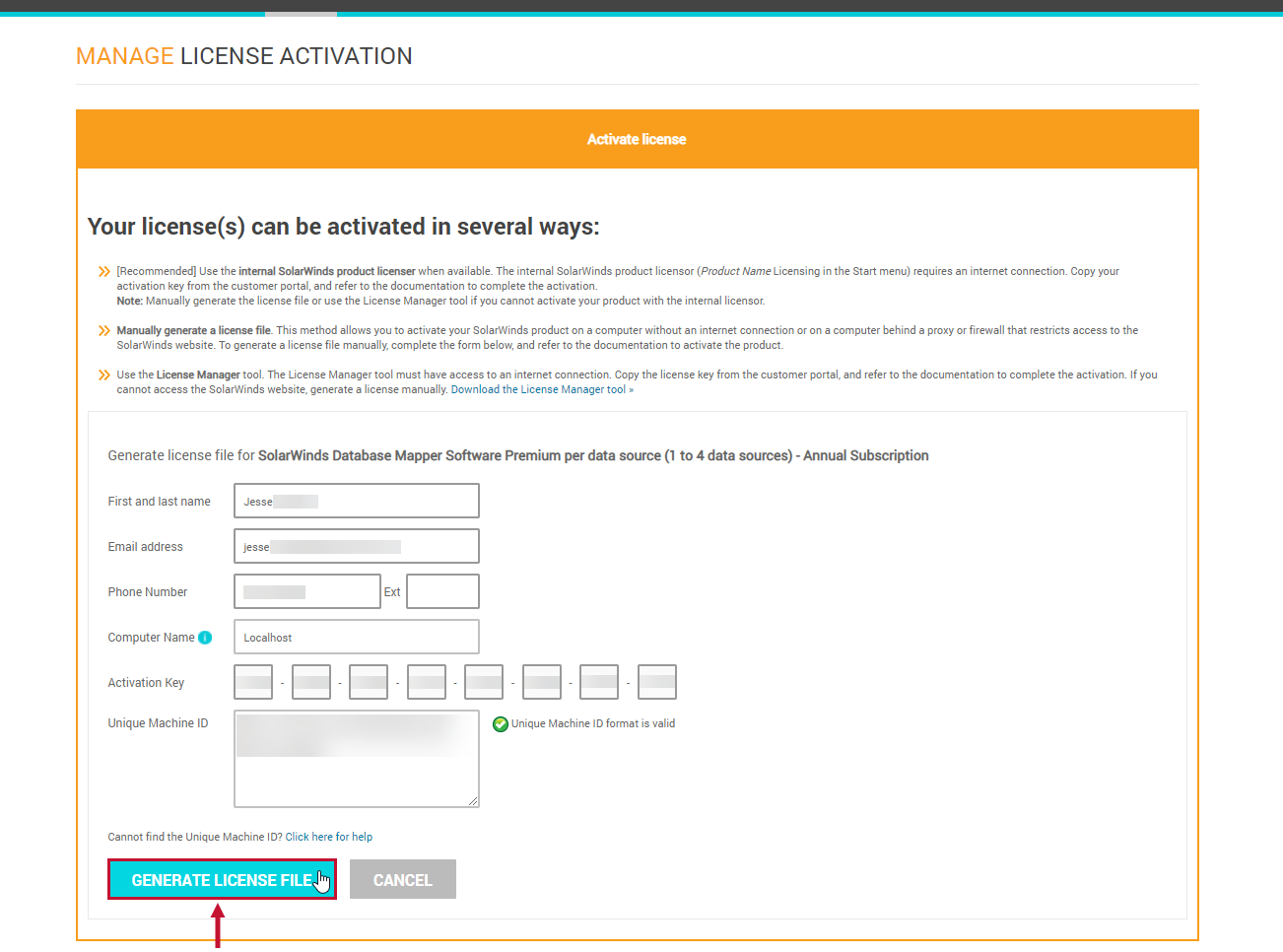 SolarWinds License Management Generate License File