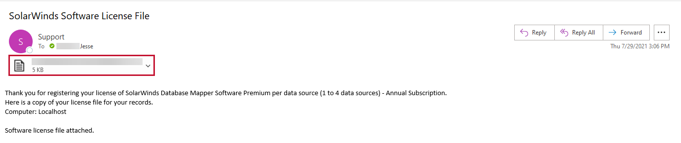 SolarWinds Software License File email example SolarWinds Software License File email example