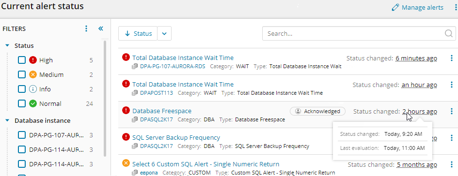 View the status and history of DPA alerts