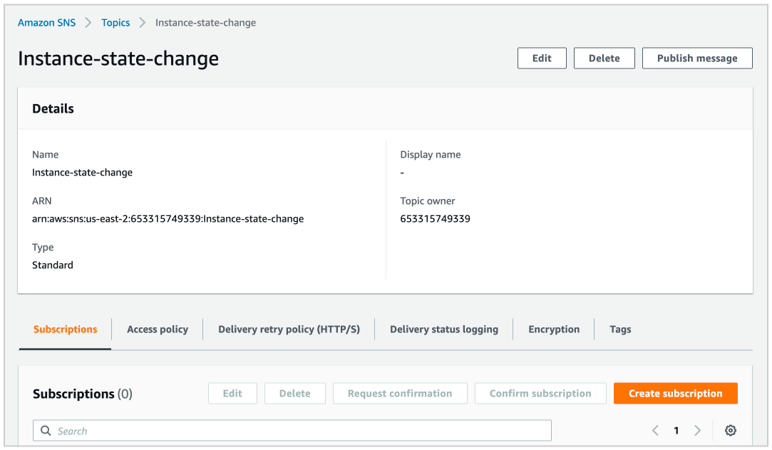 Configuring SNS Endpoint in AWS: Inside the topic, click on Create subscription