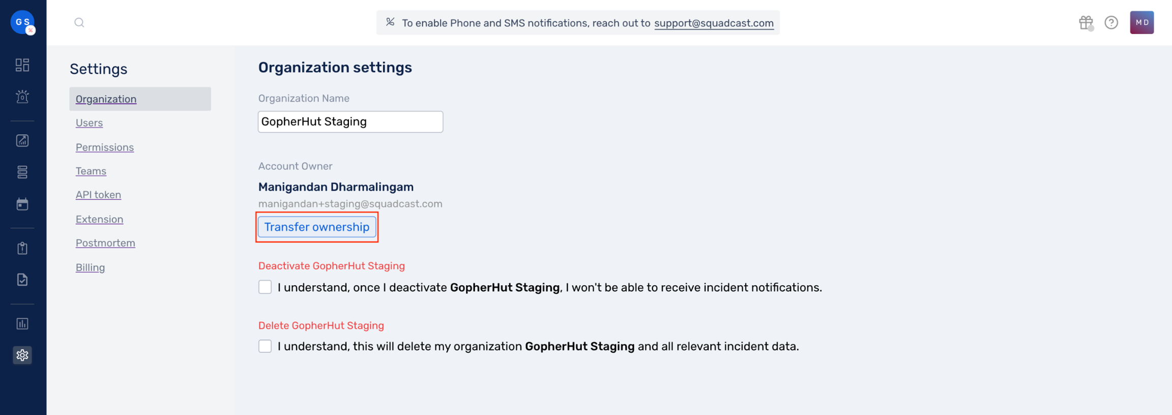 how to transfer Organization Ownership in Squadcast