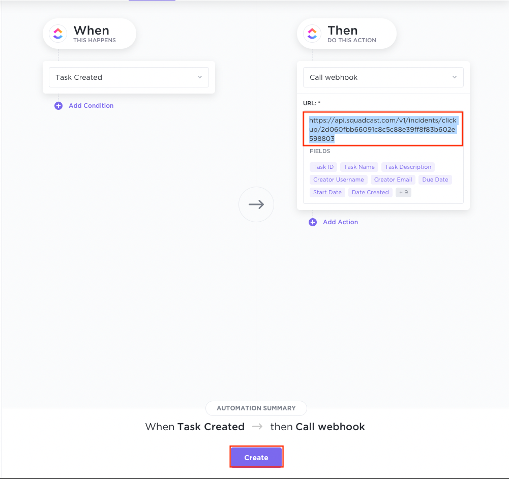 Copy the webhook details in the URL field in ClickUp for incident management