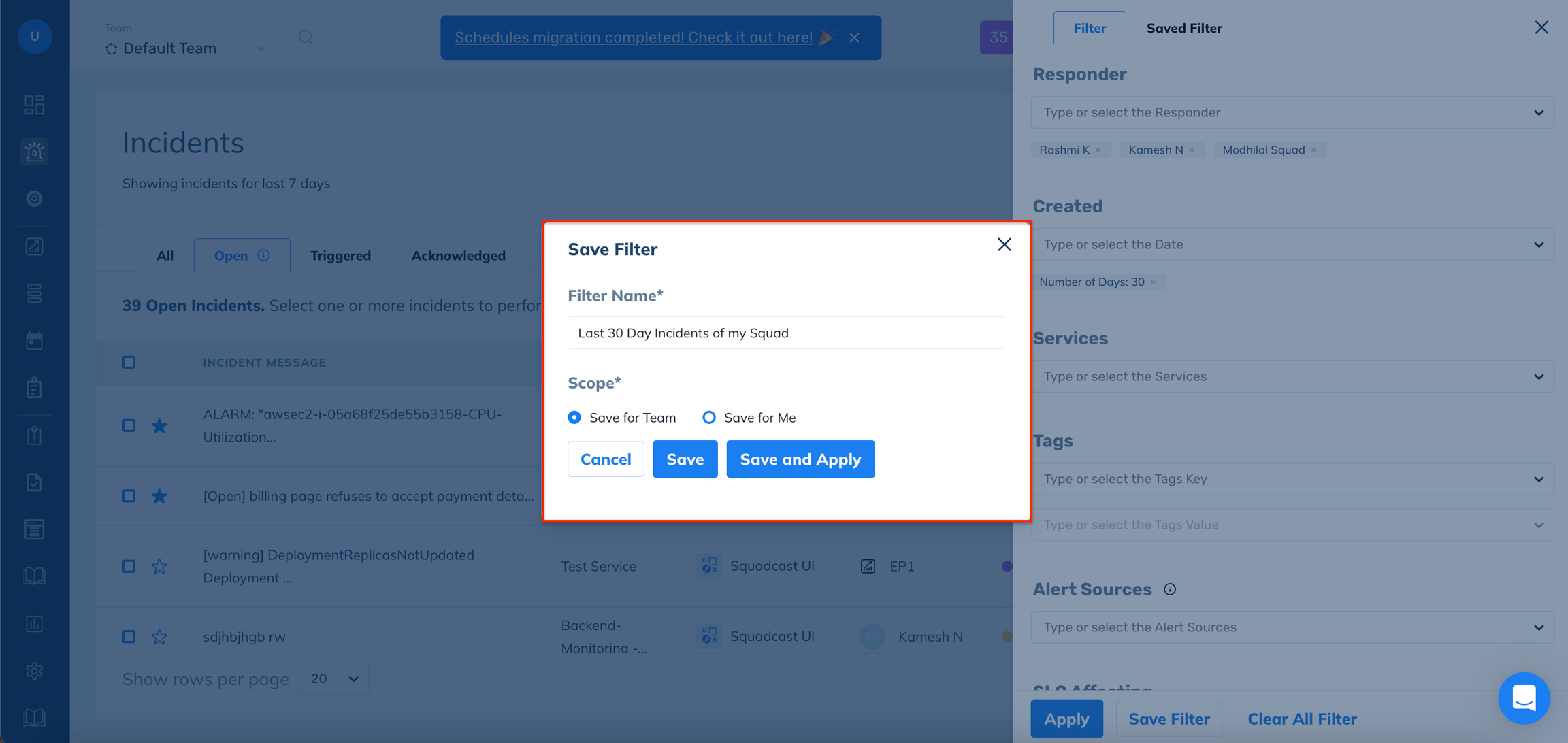 Save Filter view in Squadcast for Incident Management