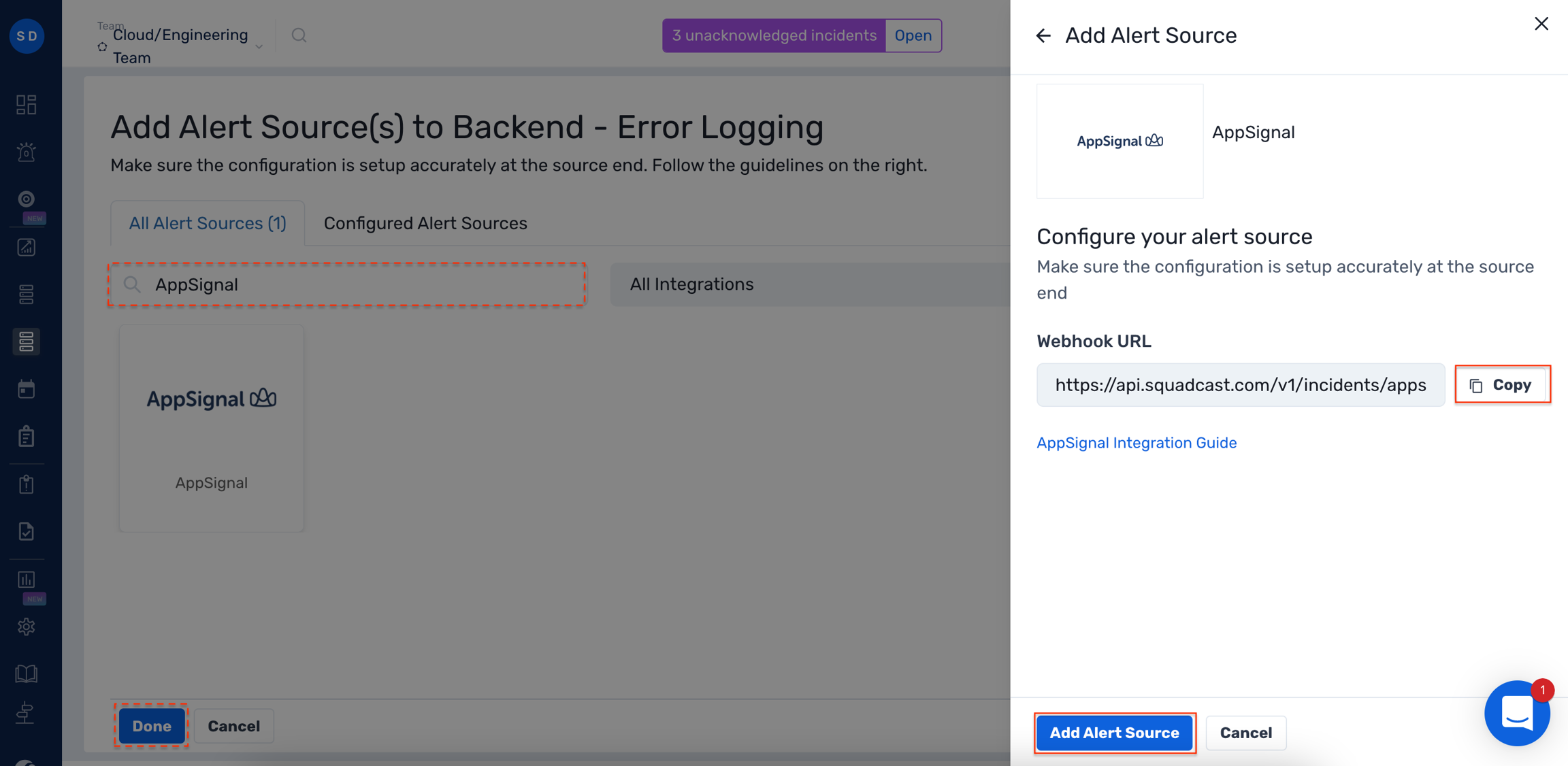 Steps to add AppSignal integration to a service in Squadcast