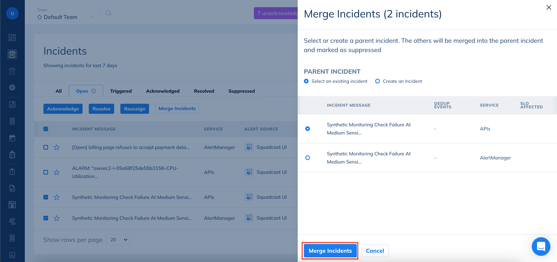 Merged Incident in Incident List in Squadcast for Incident Management