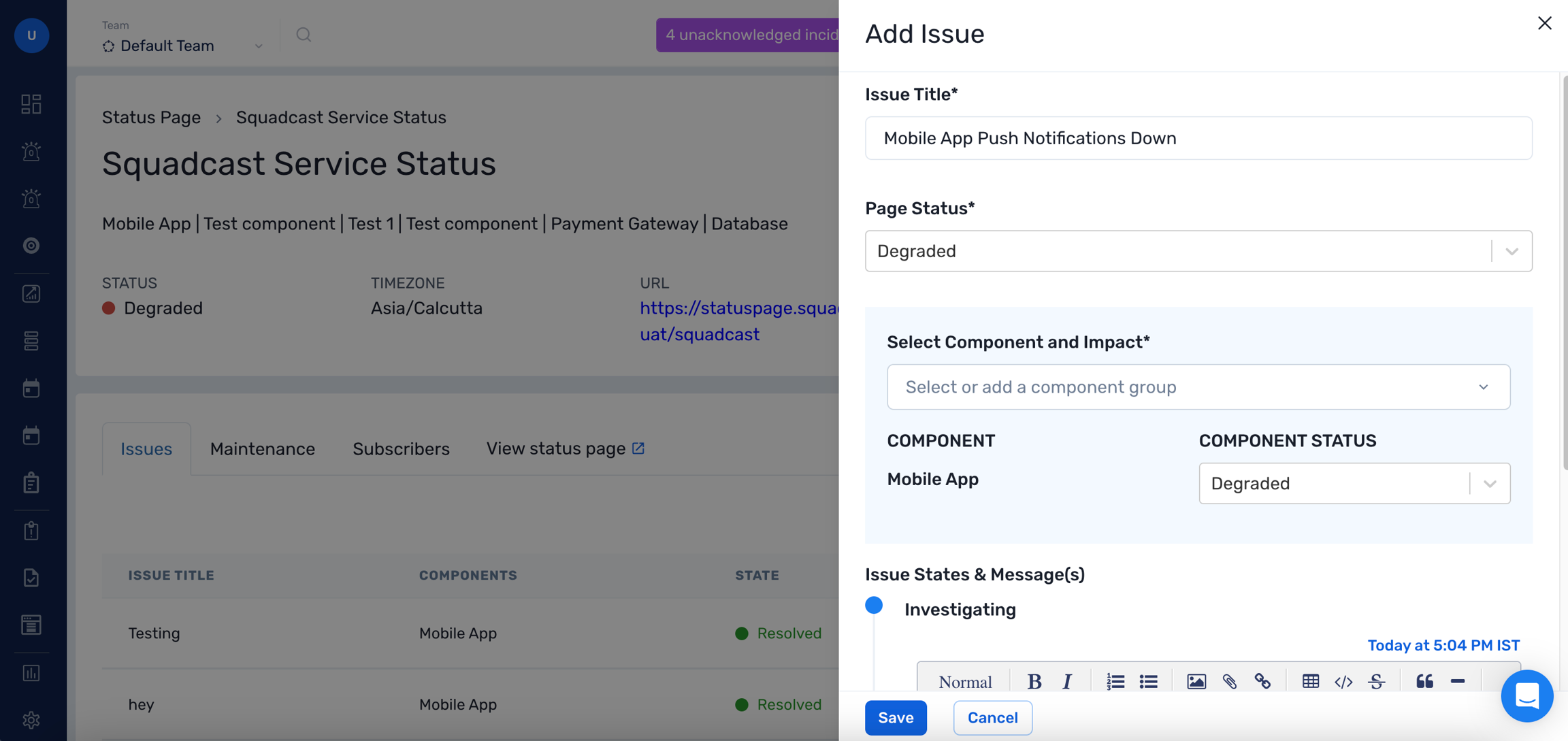 Add an Issue in Status Page