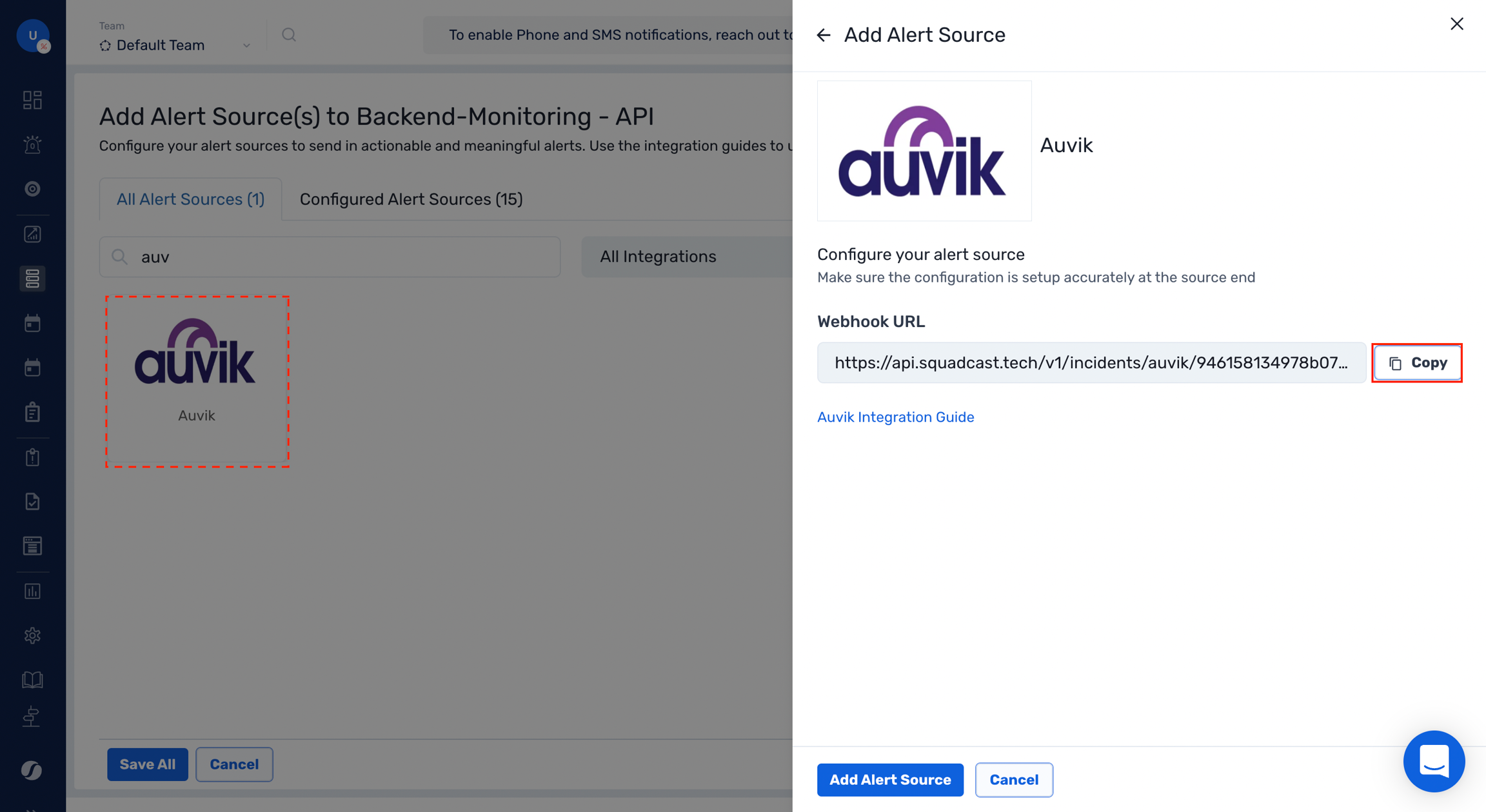 Webhook URL configuration within Auvik in Squadcast