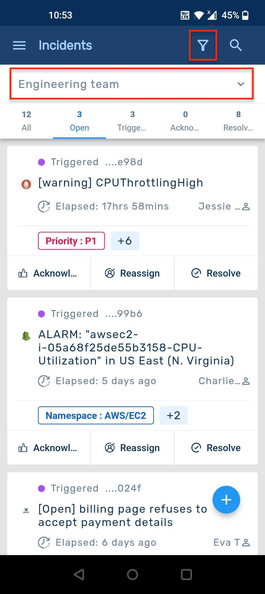 Incident List with the filter applied