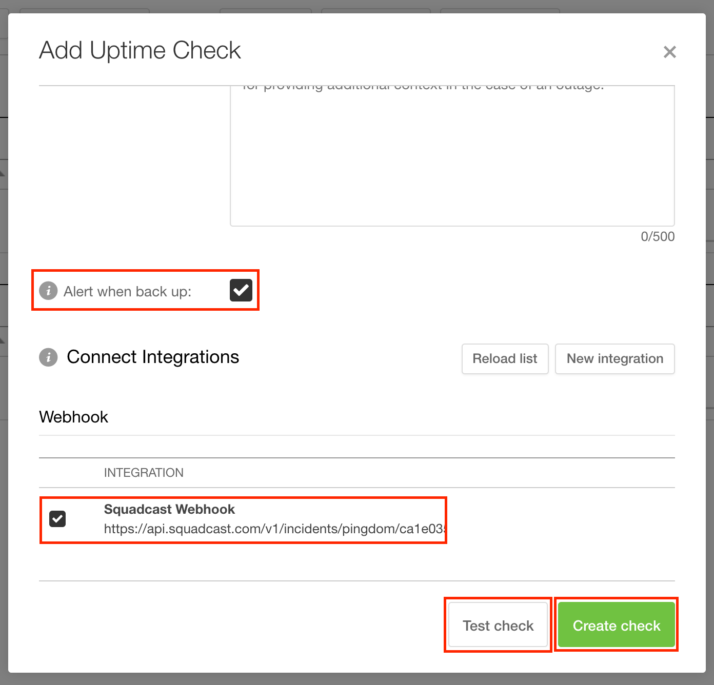 Configure created Webhook in Pingdom