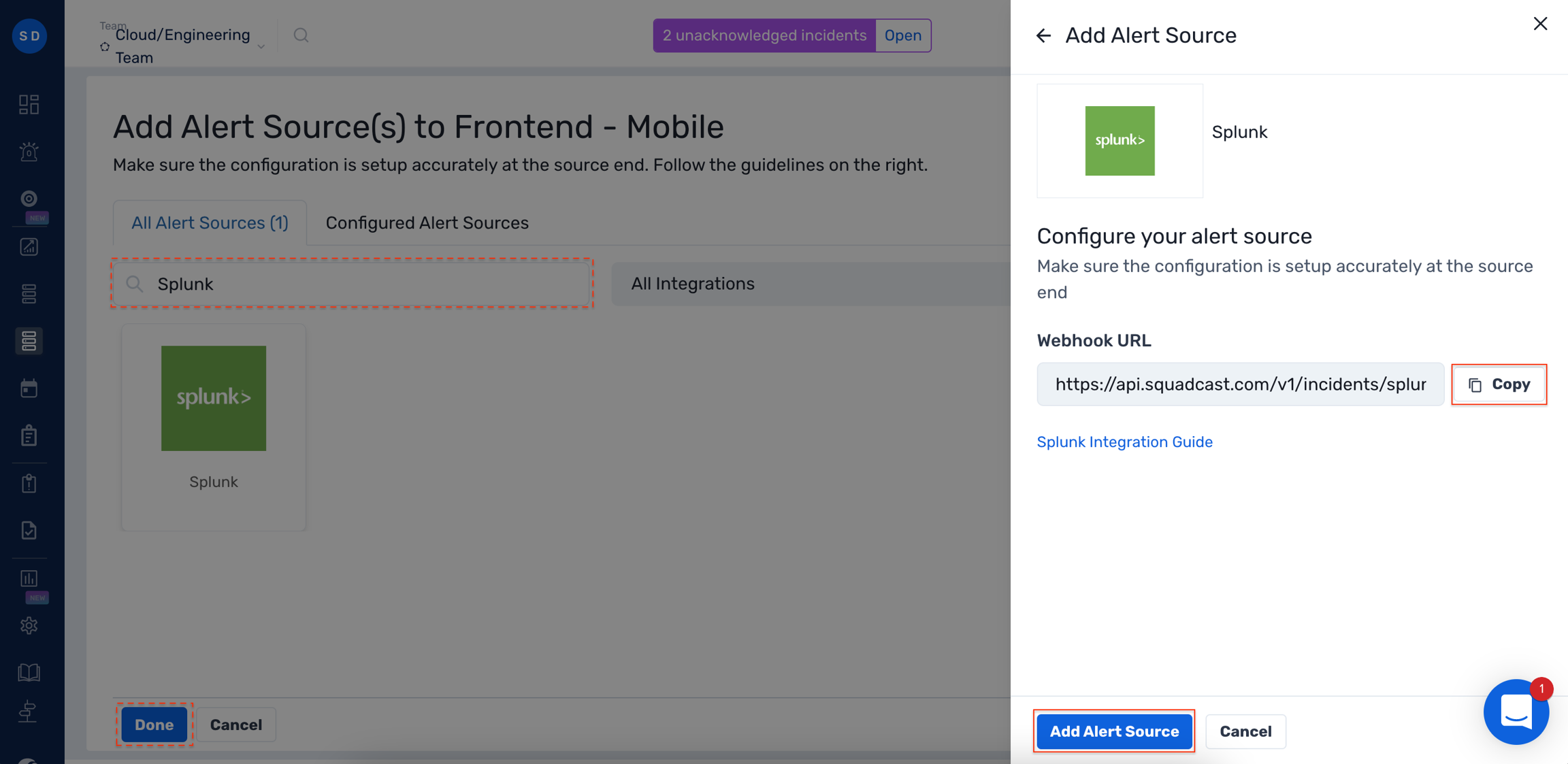 Add configurations for a Webhook in Splunk