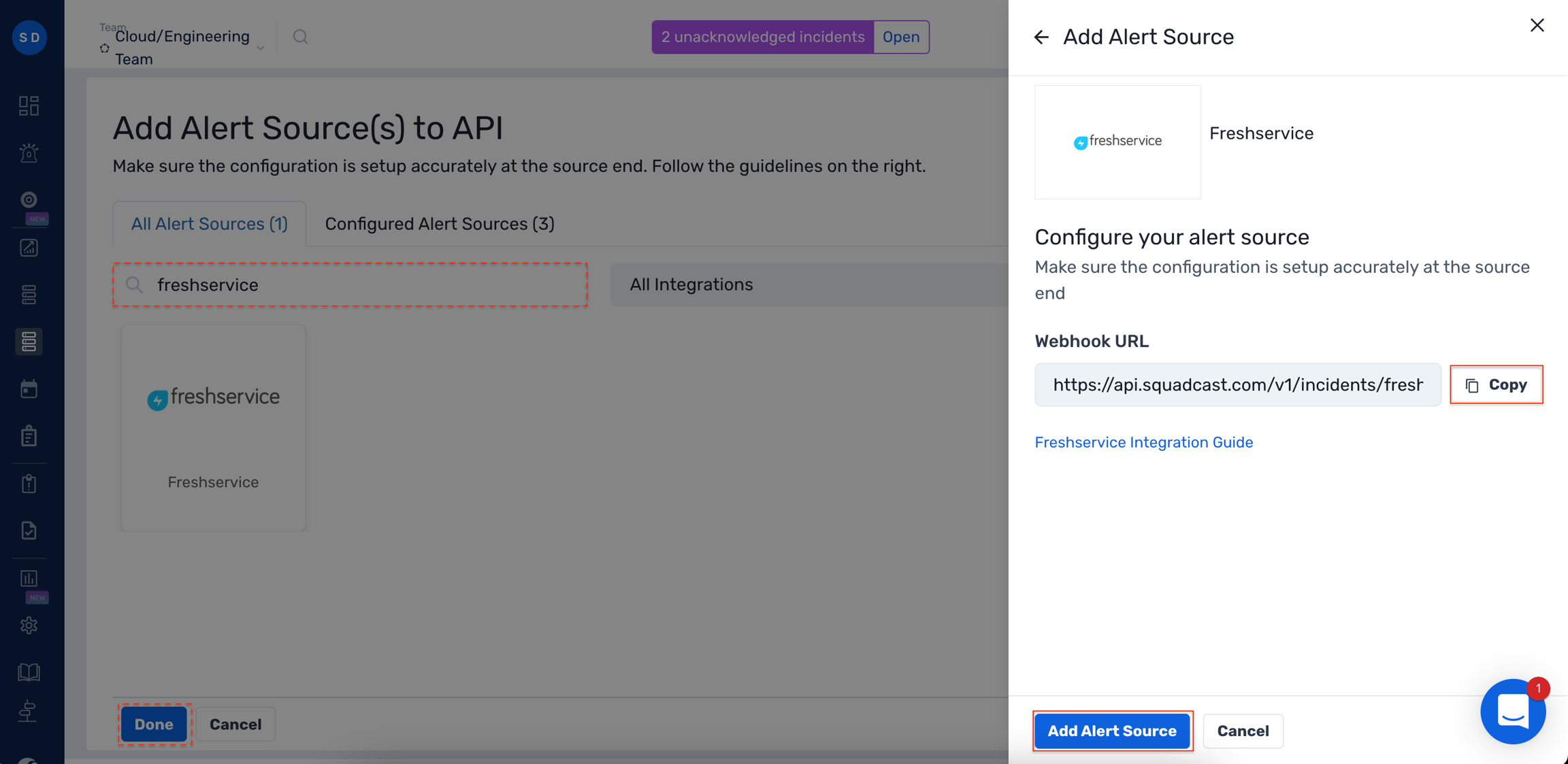 Steps to add Freshservice integration to a service in Squadcast for incident management