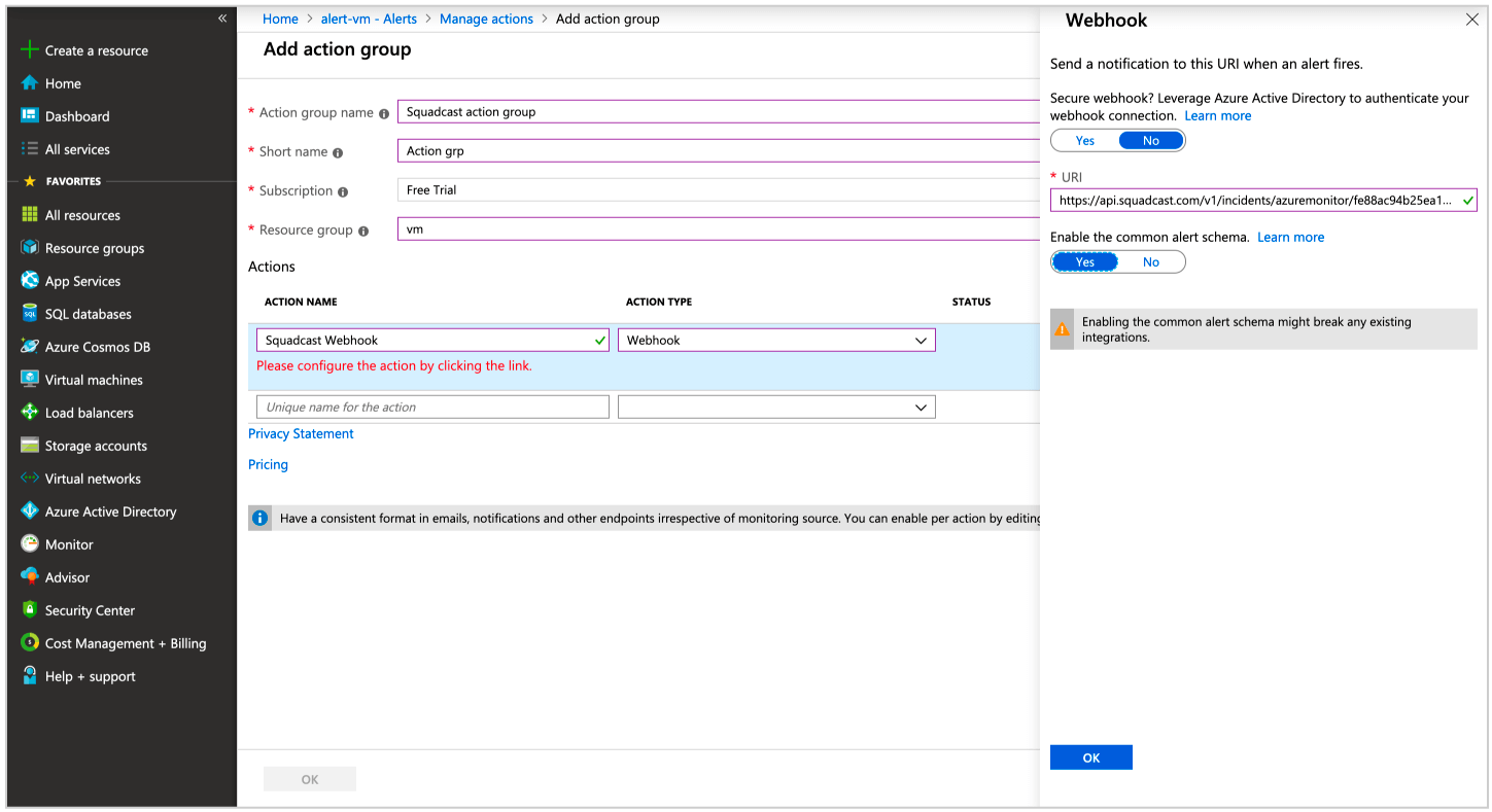 Creating Squadcast Webhook in Azure: Configure webhook action group with Squadcast URL in Azure Alerts under Monitoring for virtual machine
