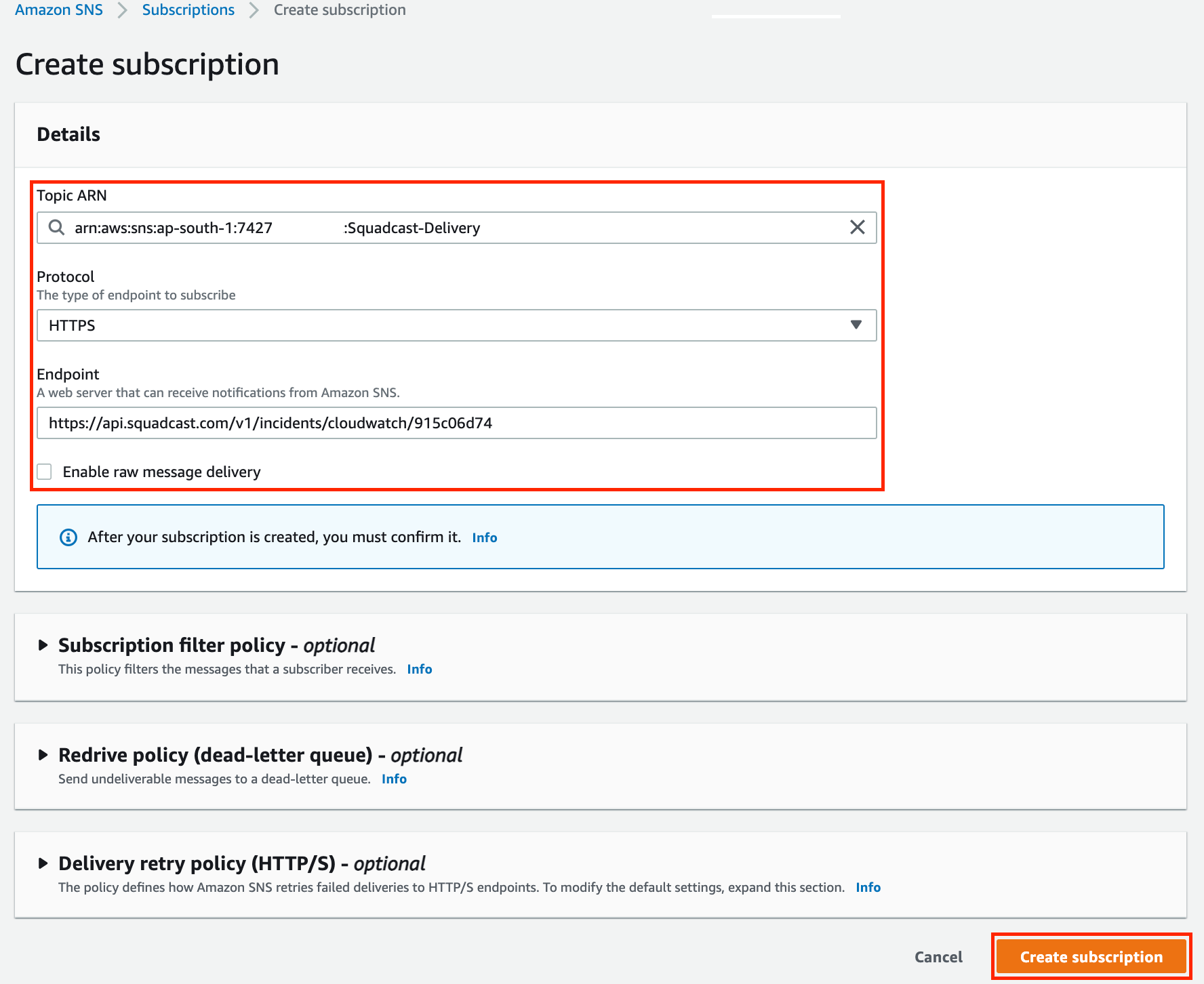 Configuring Amazon SNS Subscription: HTTPS protocol and Squadcast Webhook URL in create subscription