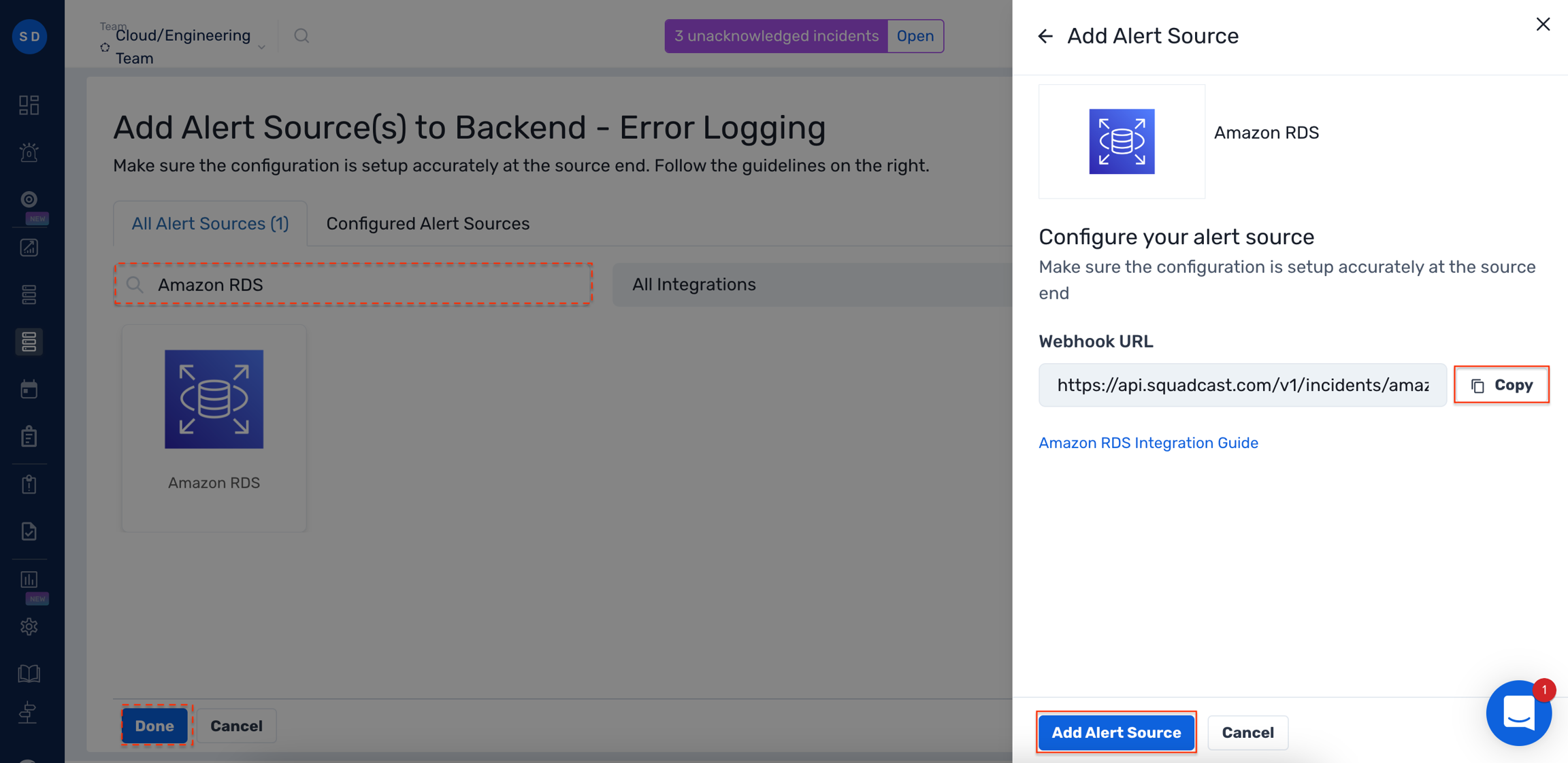 Steps to add Amazon RDS integration to a service in Squadcast