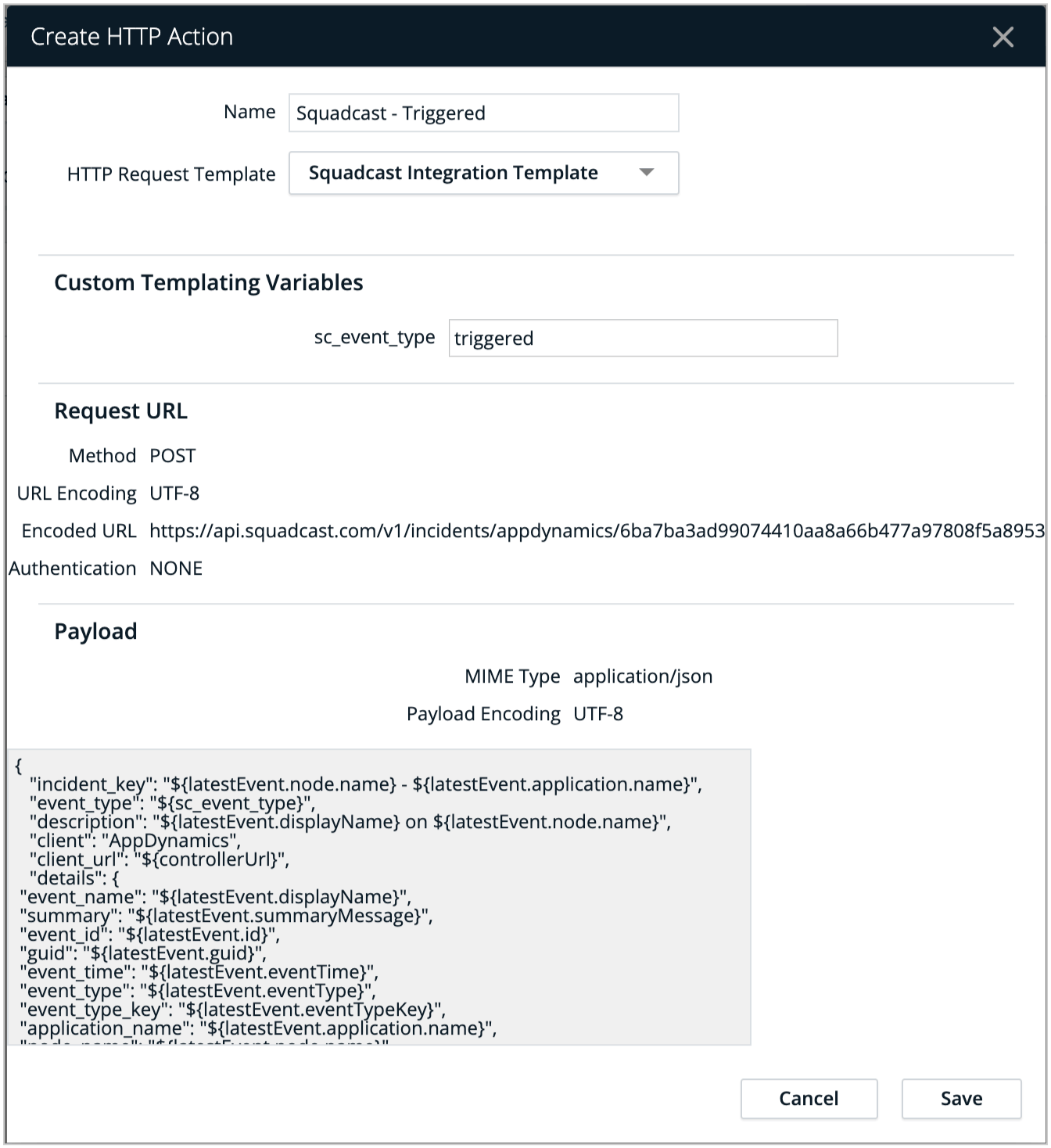 selecting HTTP request template in HTTP action box with the name Squadcast - triggered