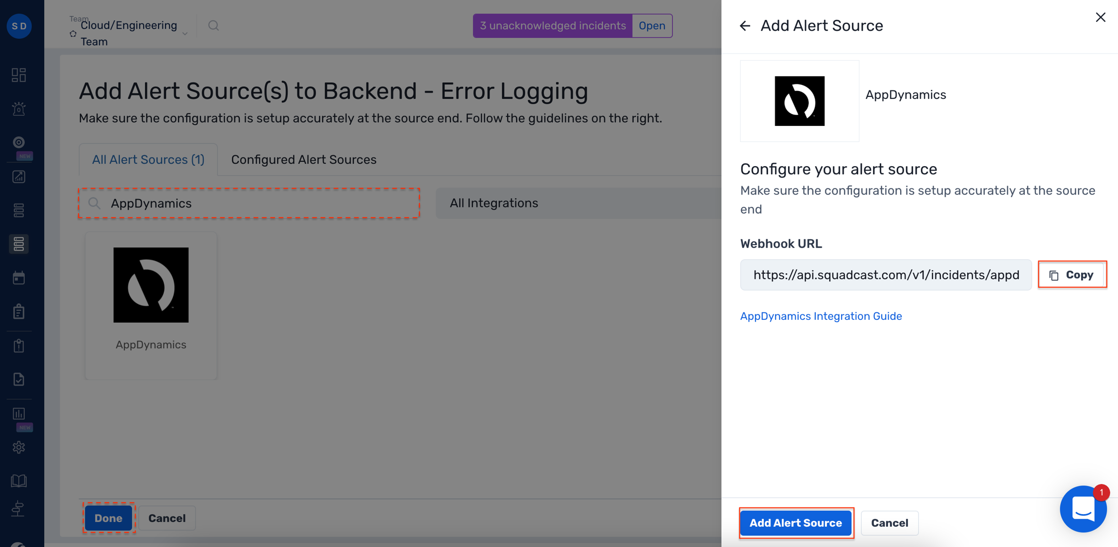 Webhook URL configuration within AppDynamics in Squadcast