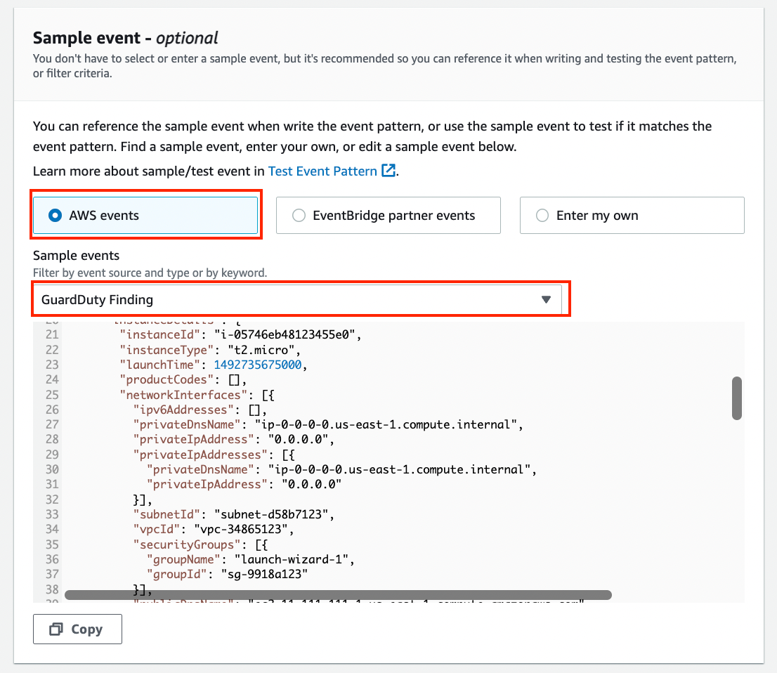 Selection of AWS event in sample event