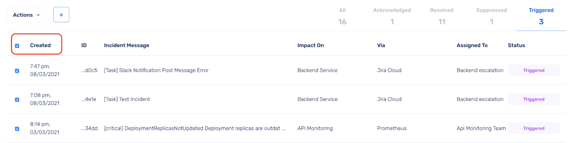Actions dropdown for incidents in Squadcast