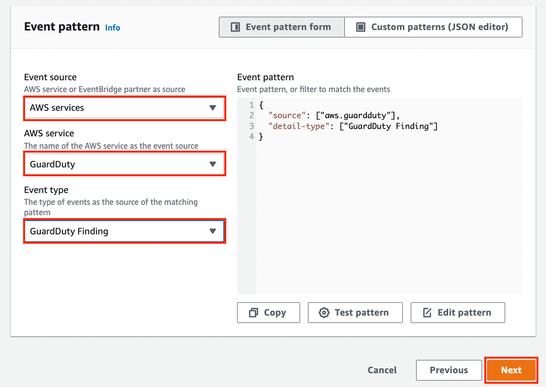Event Pattern: Event source: AWS service, AWS service: GuardDuty Event type: GuardDuty finding