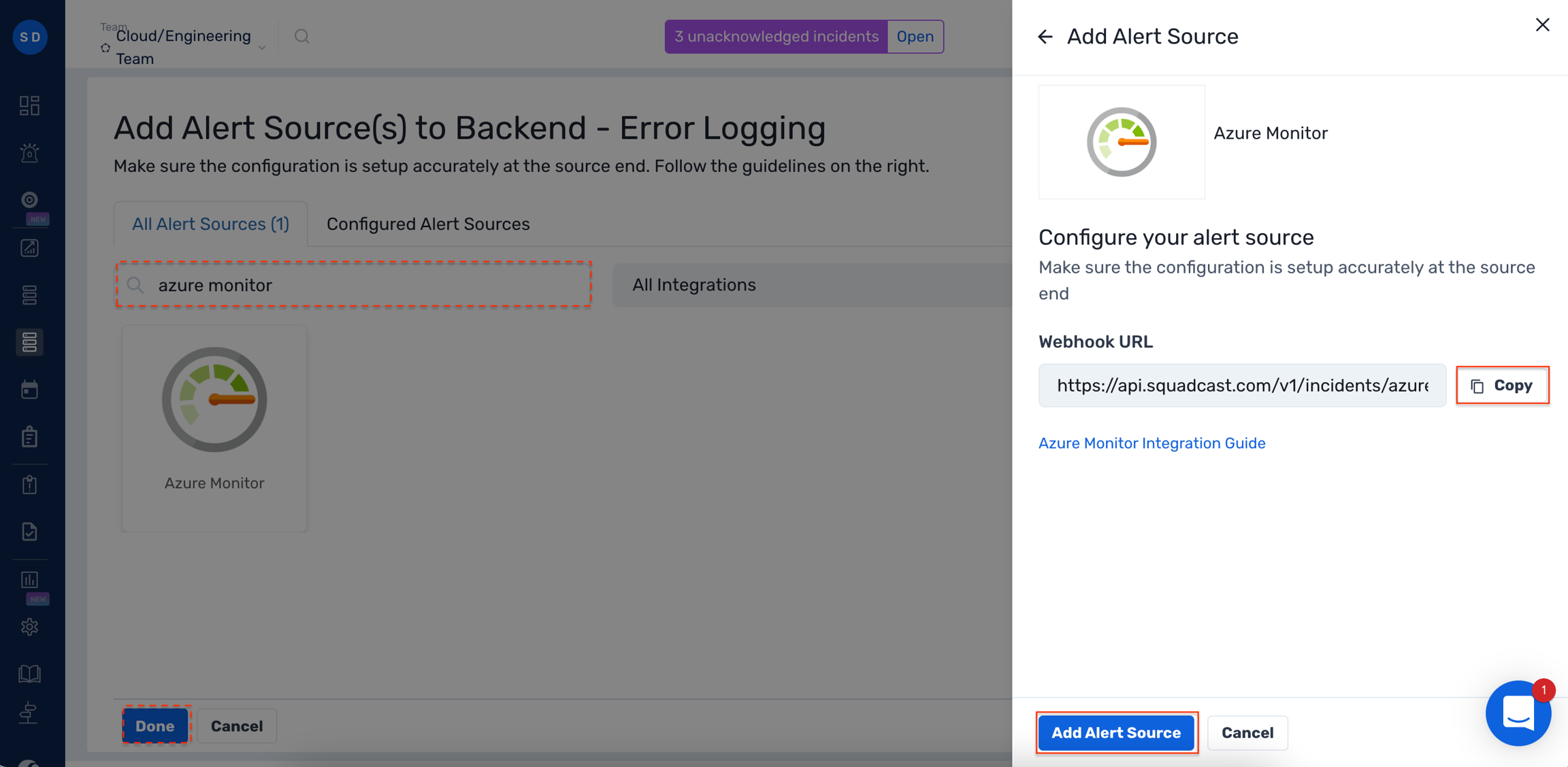 Steps to add Azure Monitor integration to a service in Squadcast