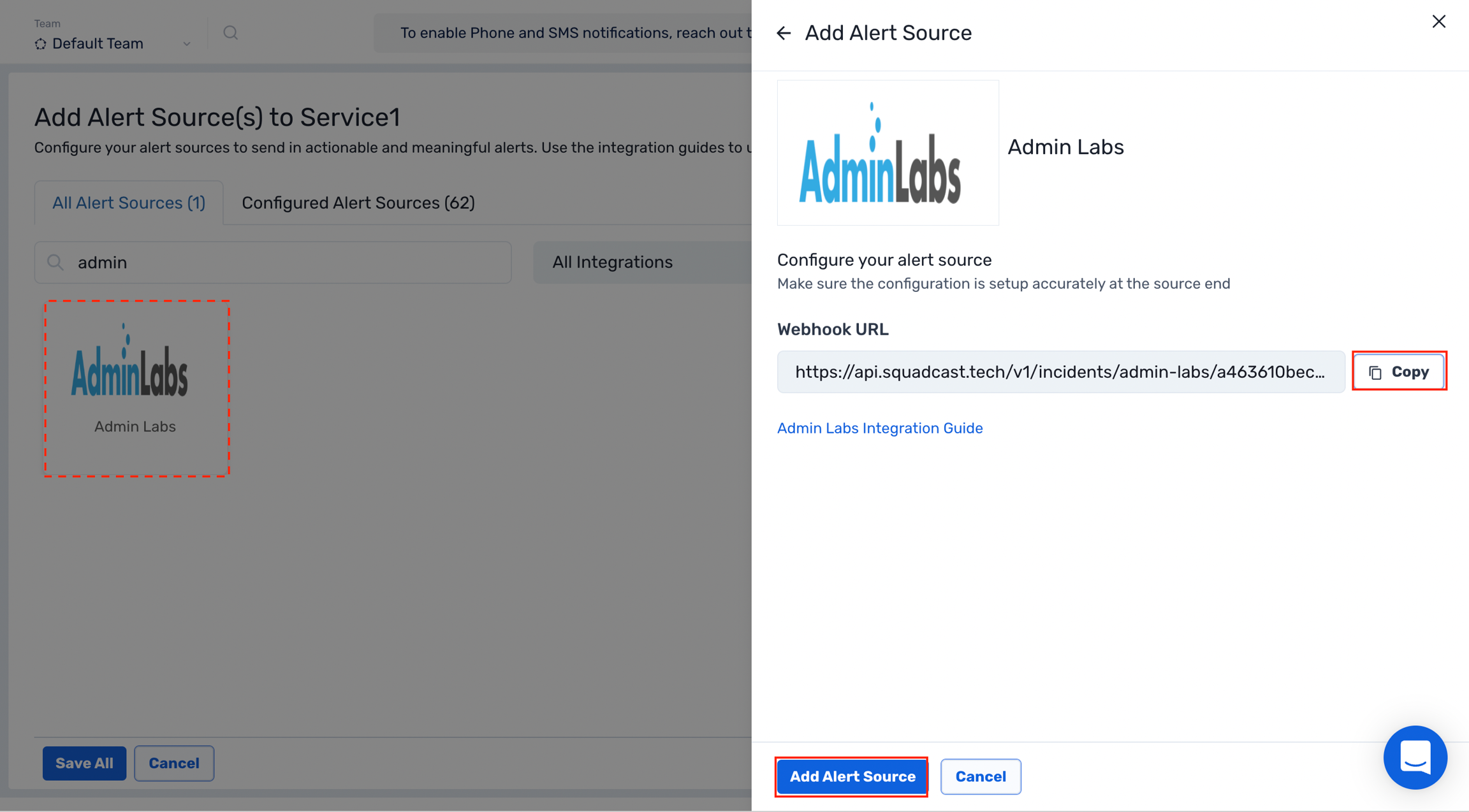 Configuration of admin labs as an alert source using webhook URL