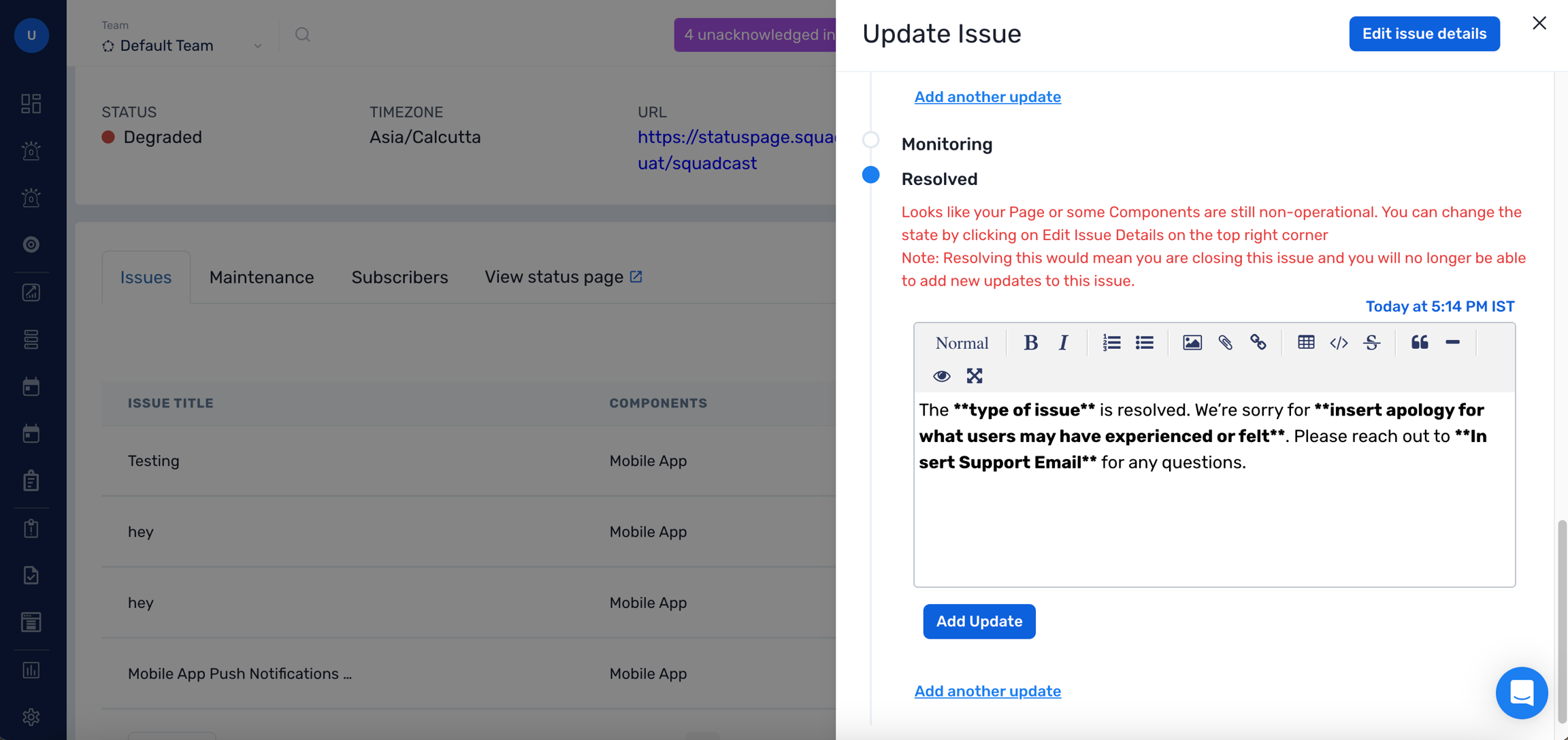 Image. Update Issue Message