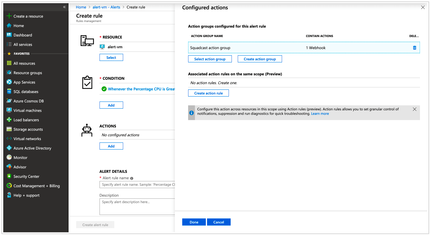 Creating Azure Alert with Squadcast Webhook: Specify resource, condition, and select the action group. Provide name, description, and create the alert