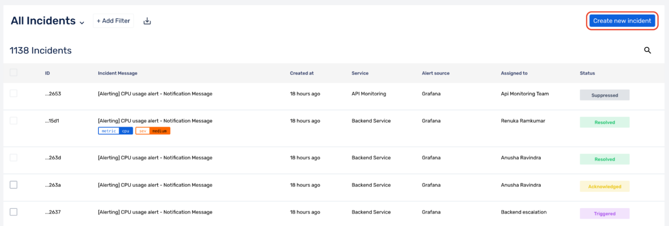 Triggering Incidents on the Incidents page