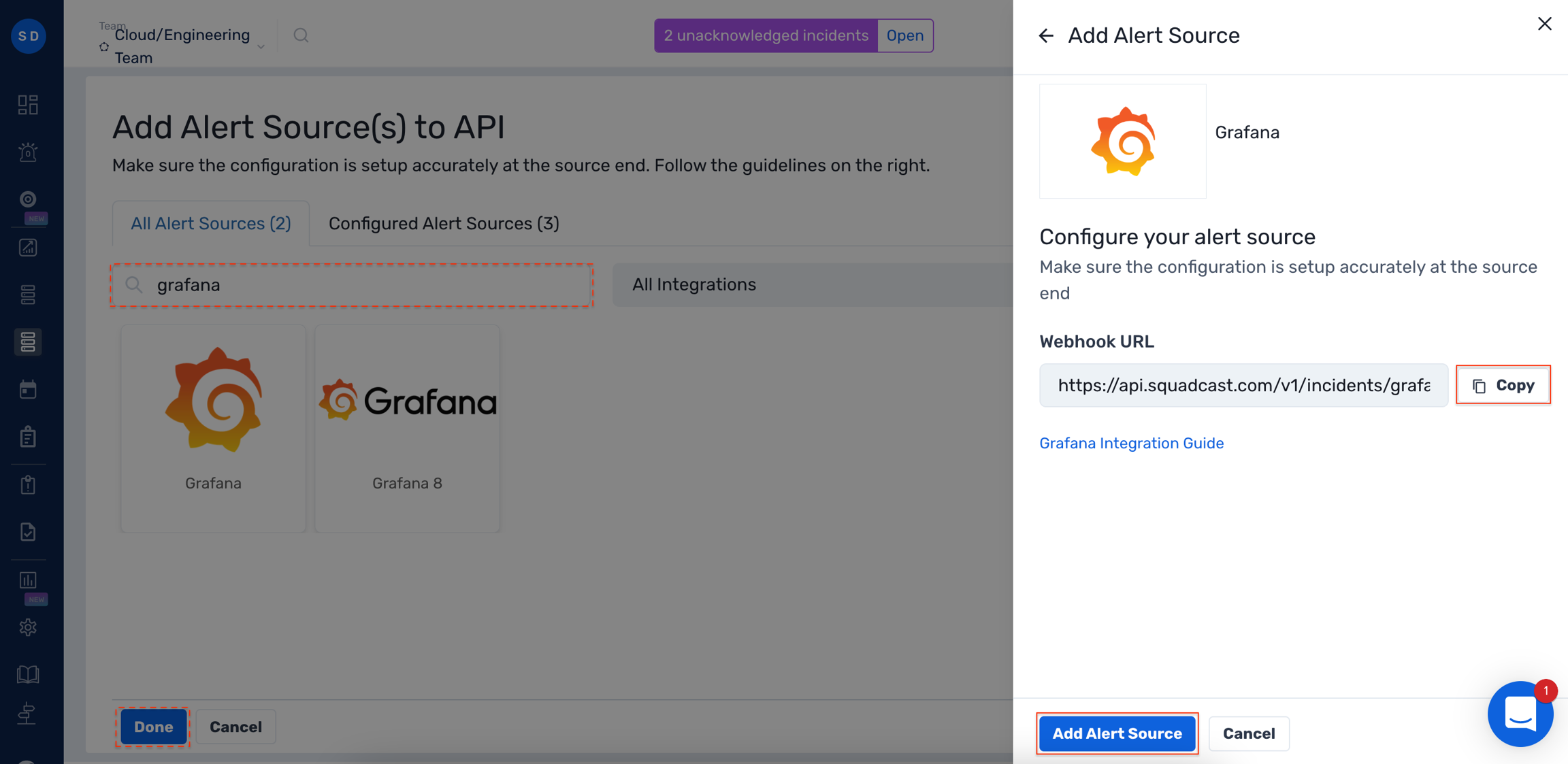 Steps to add Grafana integration to a service in Squadcast