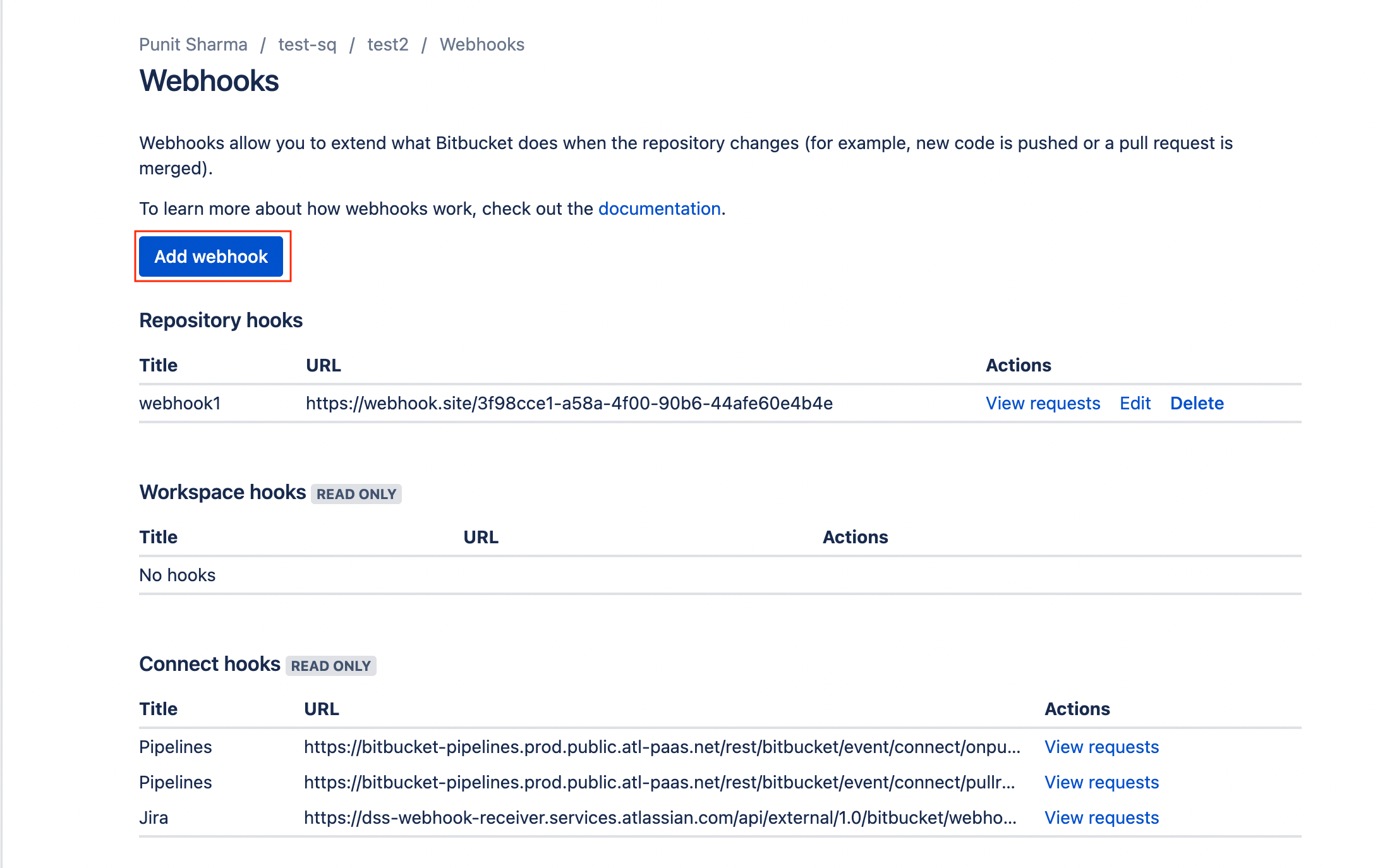 Setting up Squadcast Webhook in Bitbucket: Select the Add webhook button to create a Webhook for the repository