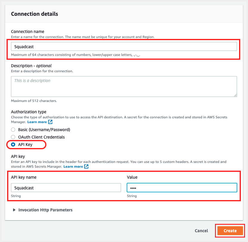 Select authorization type API key with key name and value