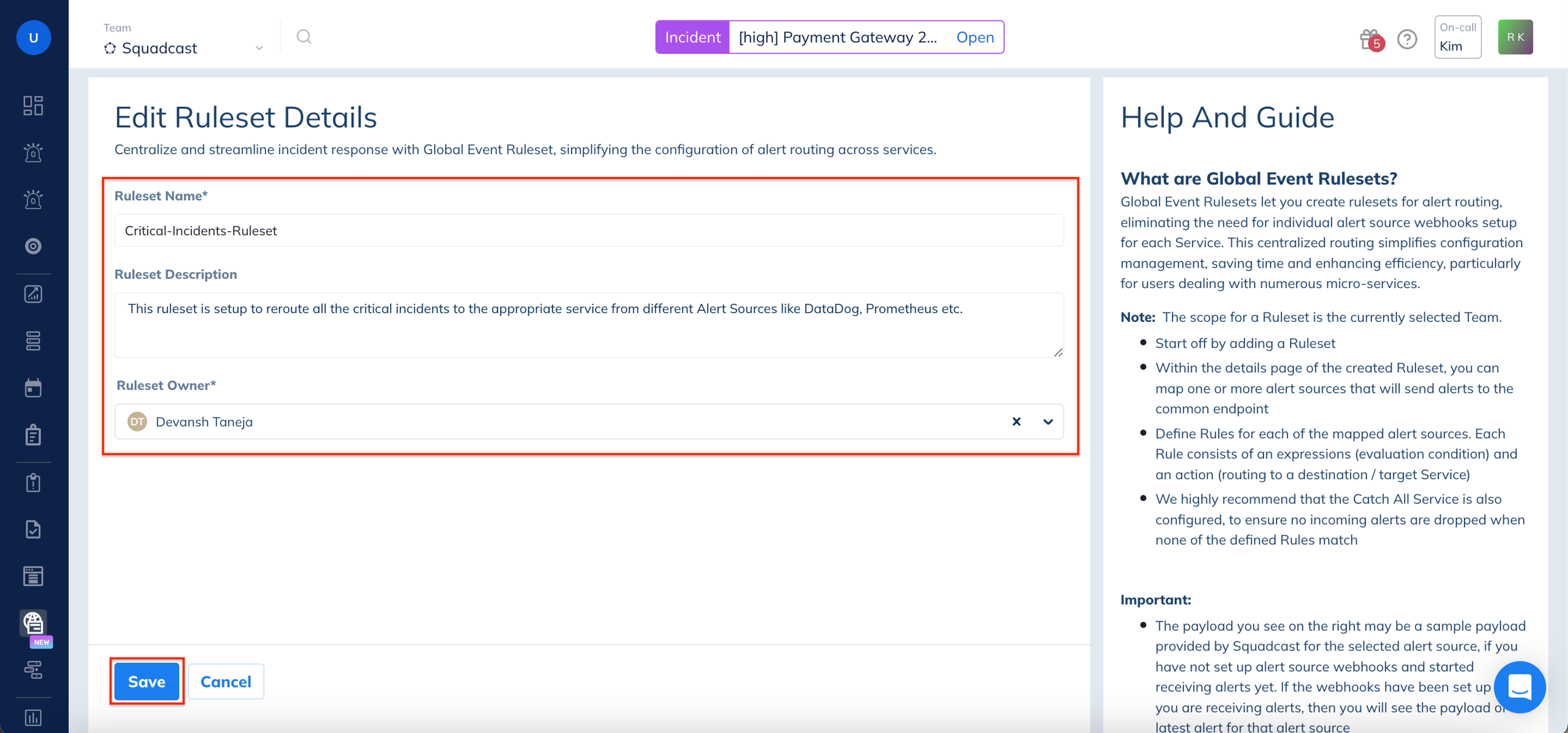 Details for added Ruleset in Squadcast for Incident Management