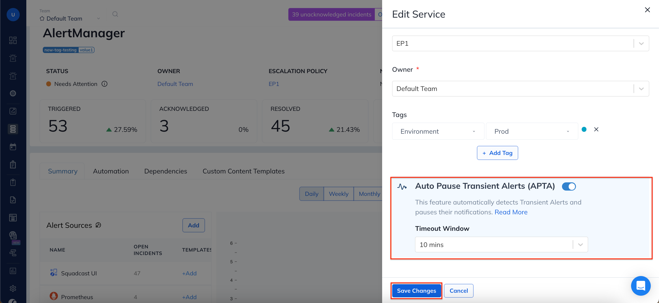 Image. Enable APTA for an existing service