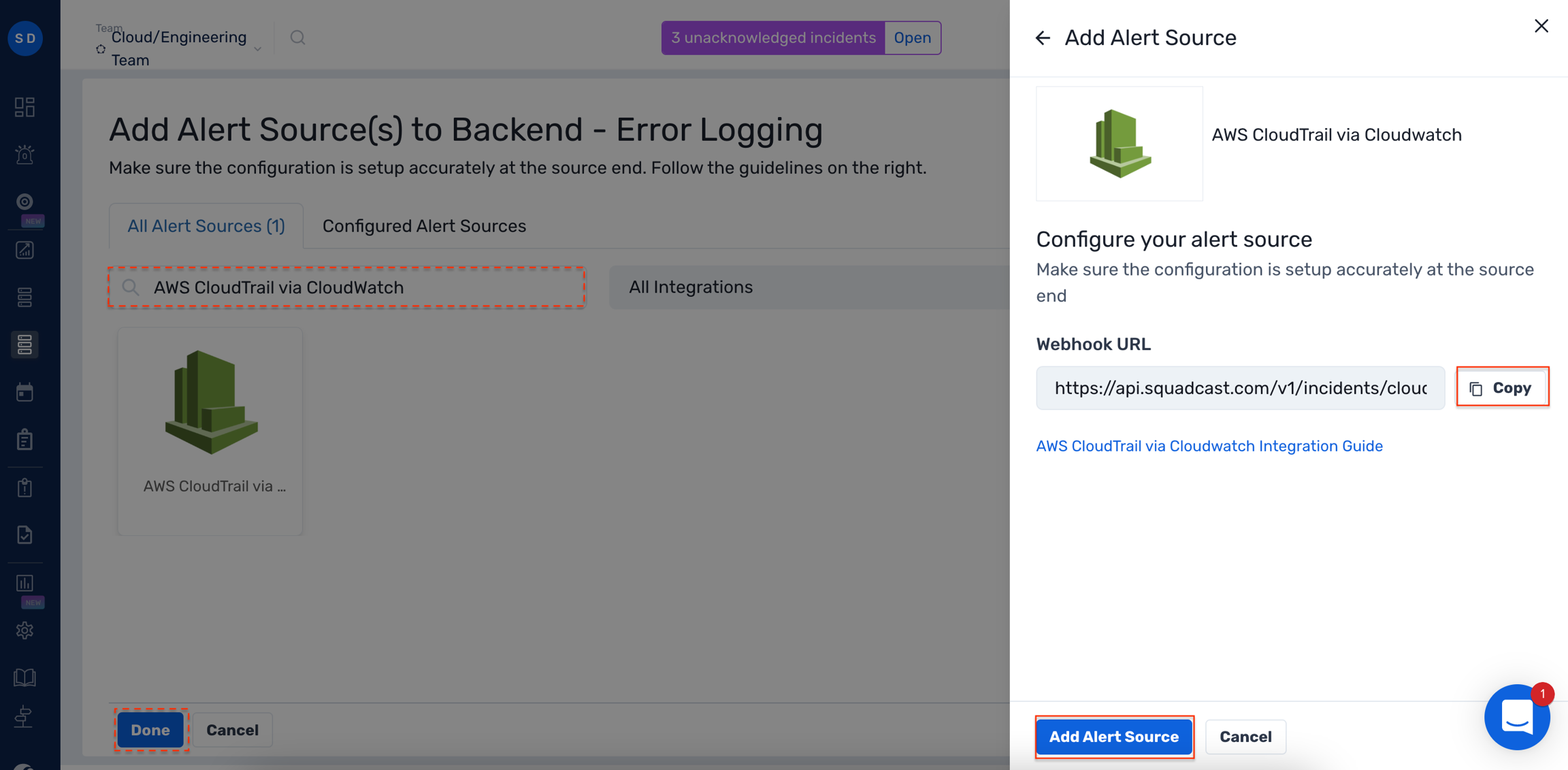 Steps to add AWS CloudTrail via CloudWatch integration to a service in Squadcast