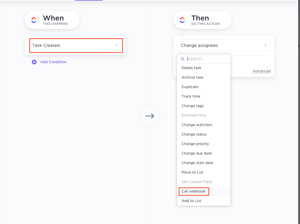 Select the condition for triggering a webhook for Squadcast