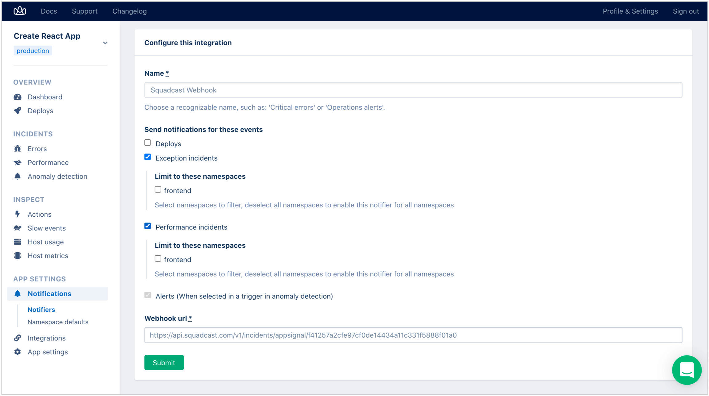 Selection of name, type of events for the incident and use Squadcast webhook URL