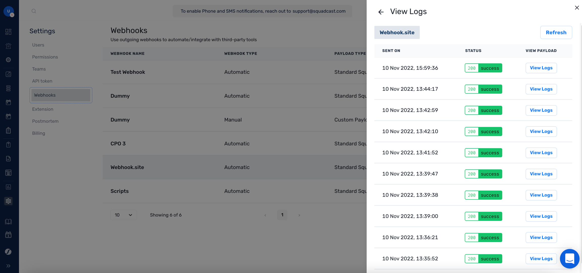 Steps to view logs for Webhook calls
